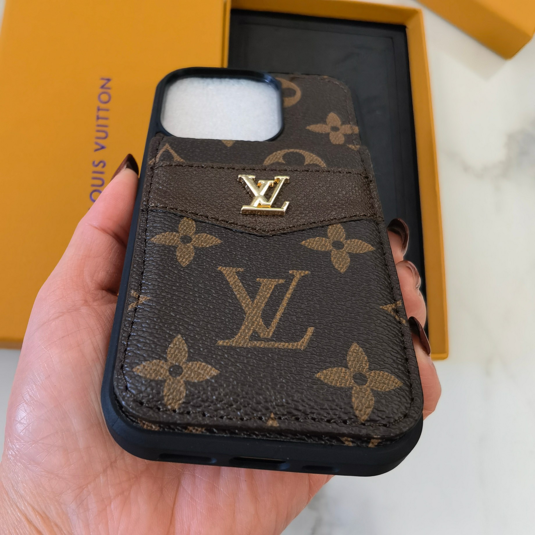LV Badge Leather with Stand for iPhone – Millyoo