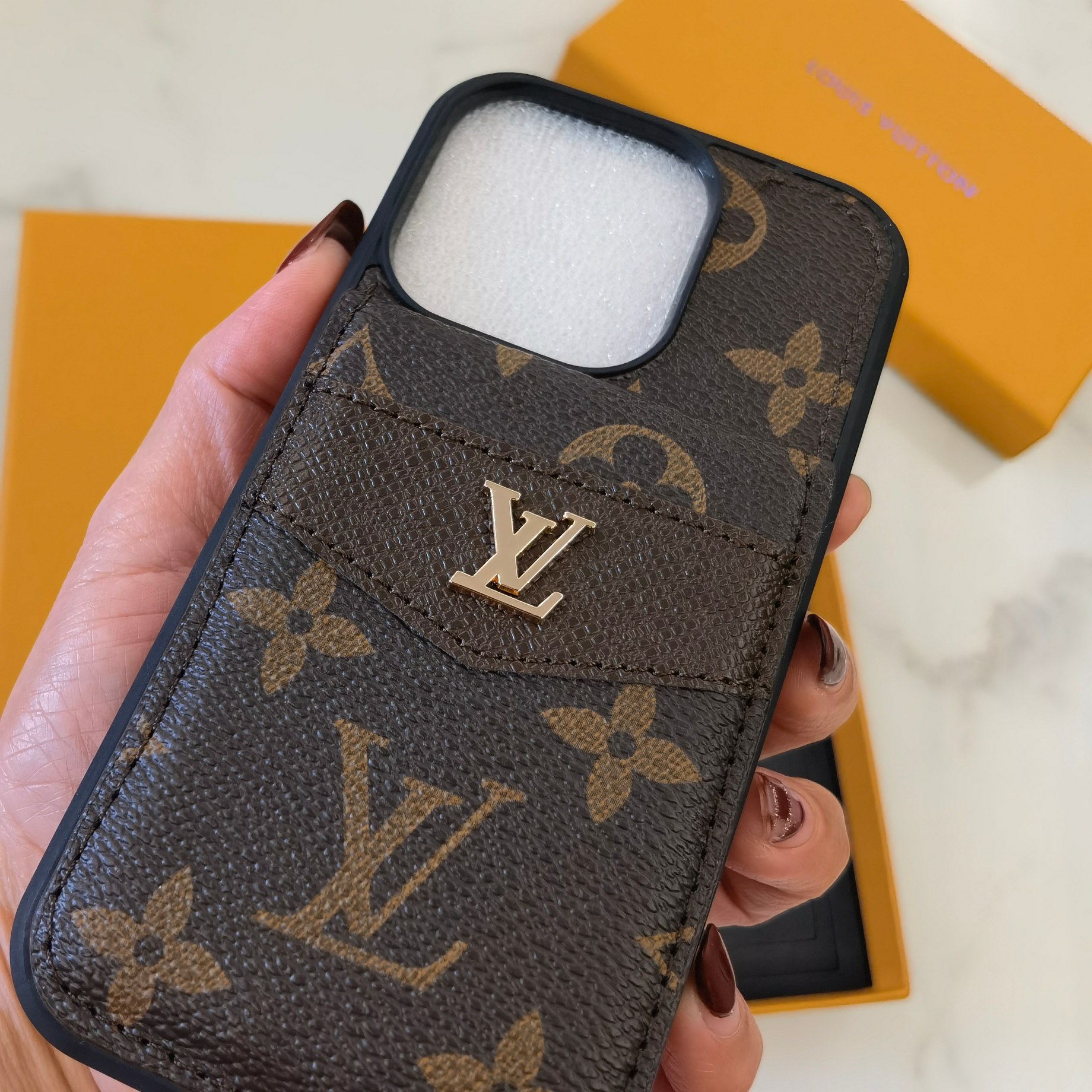 LV Badge Leather with Stand for iPhone – Millyoo